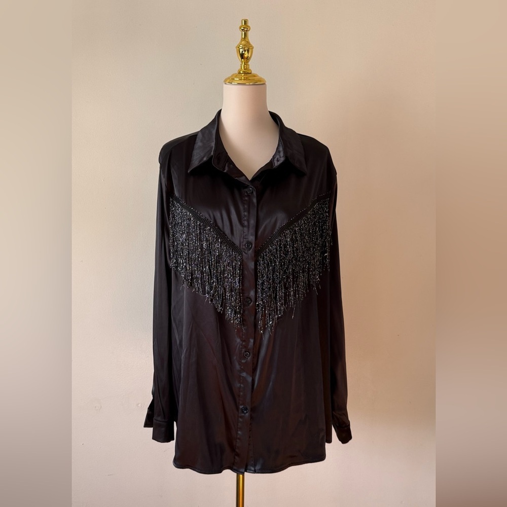 Black Western Style Fringe Button-Up Shirt